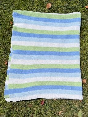Y2K Carter’s Just One Year Striped Chenille Knit Baby Blanket Blue Green 31x36